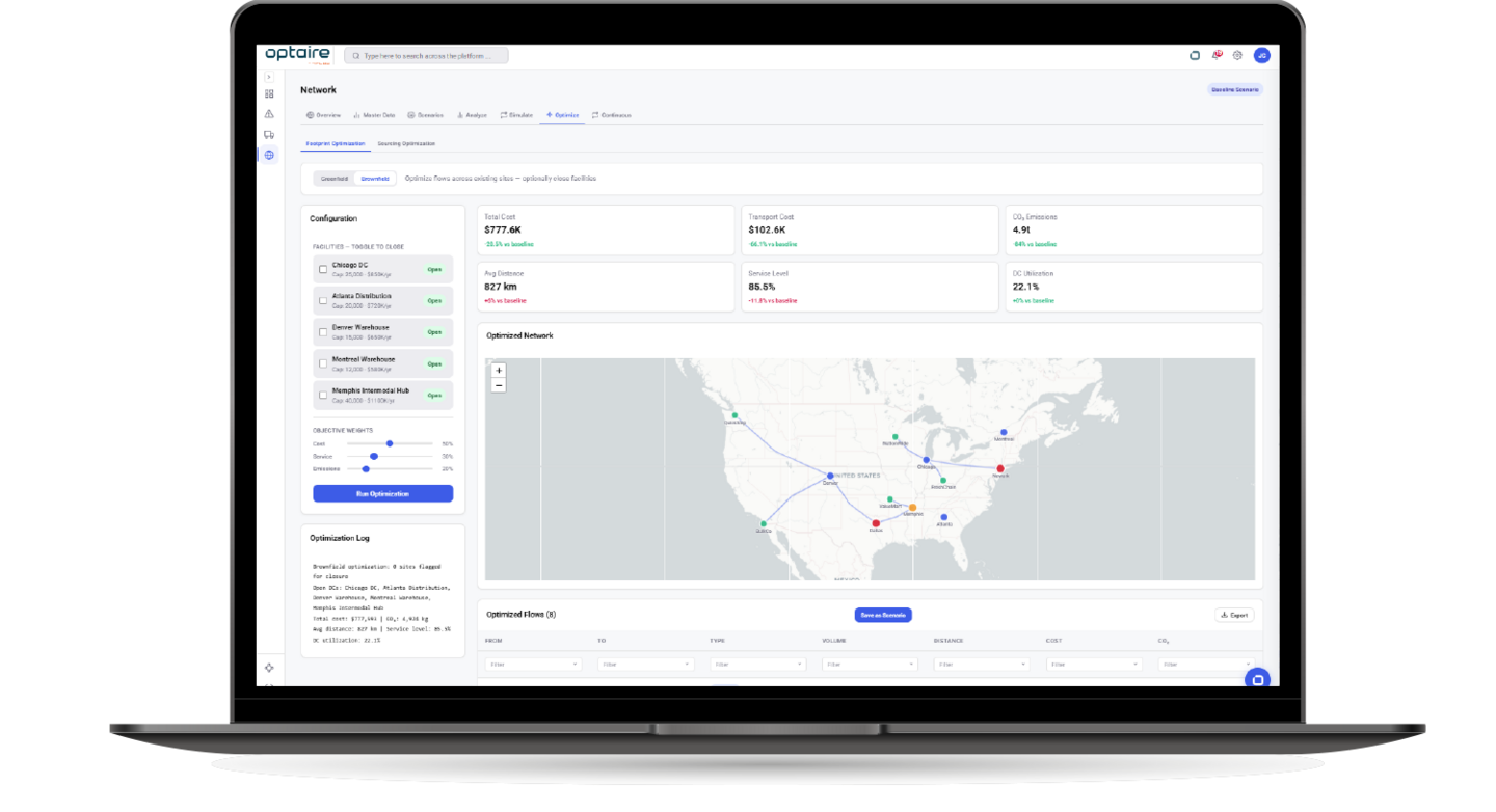 Design your supply chain dynamically and operate with the full picture in mind. Continuously model sourcing, footprint and inventory decisions with a digital twin with the network module in optaire by 4flow.
