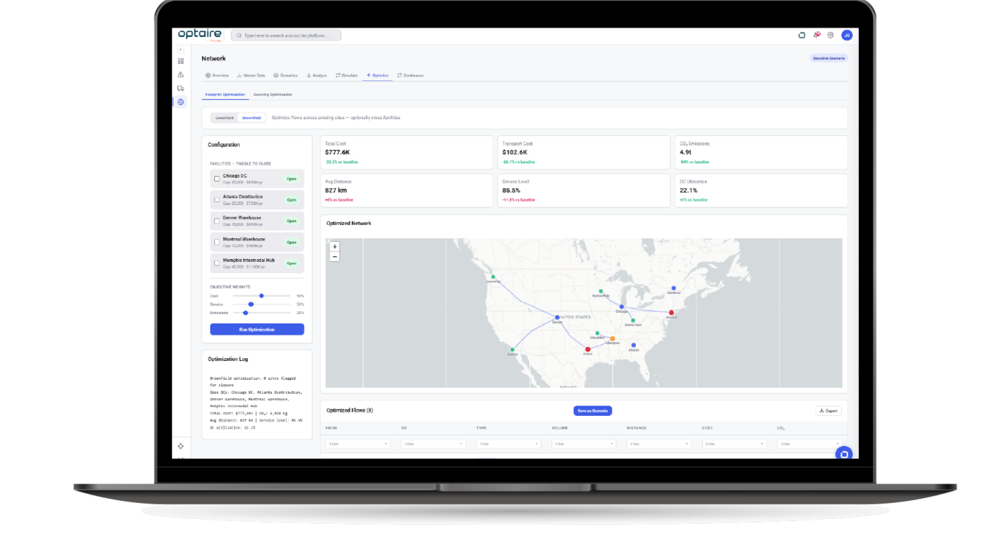 Design your supply chain dynamically and operate with the full picture in mind. Continuously model sourcing, footprint and inventory decisions with a digital twin with the network module in optaire by 4flow.