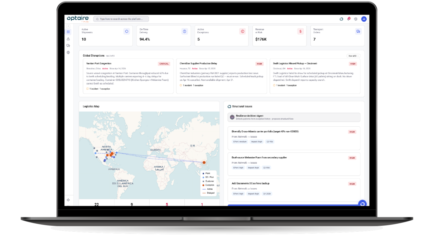 Detect disruptions early. Prioritize by impact. Simulate responses and trigger actions automatically with the risk and disruption module in optaire by 4flow.